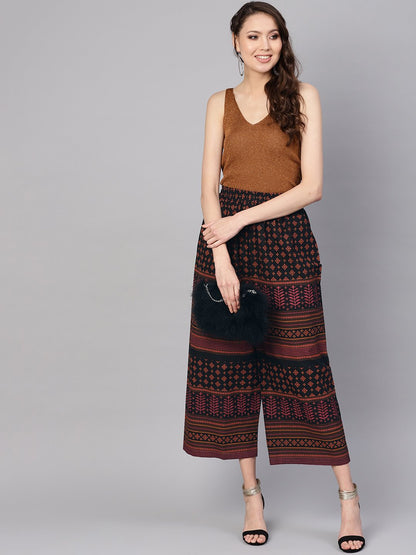 Women's Black & Orange Printed Cropped Straight Palazzos
