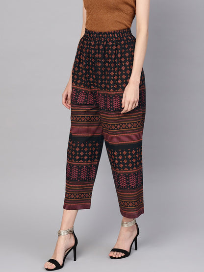 Women's Black & Orange Printed Cropped Straight Palazzos