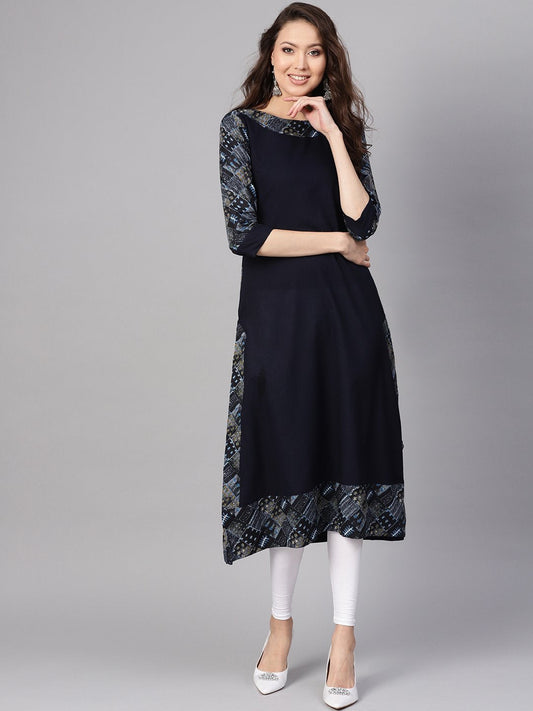Women's Navy Blue Solid A-Line Kurta