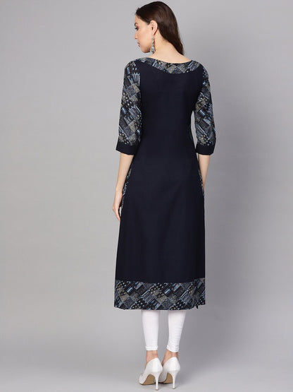 Women's Navy Blue Solid A-Line Kurta