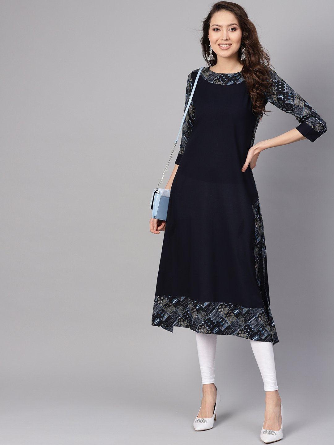 Women's Navy Blue Solid A-Line Kurta