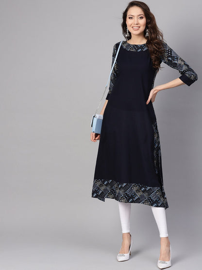 Women's Navy Blue Solid A-Line Kurta