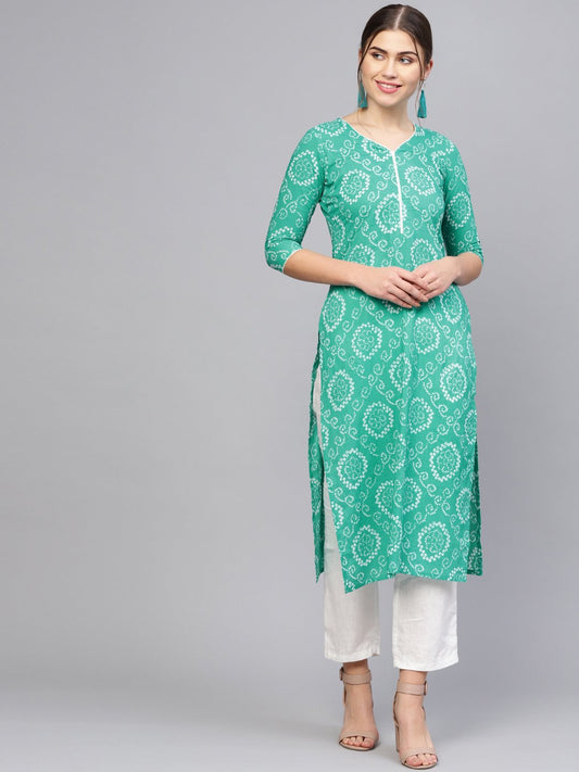 Women's Green & White Printed Straight Kurta