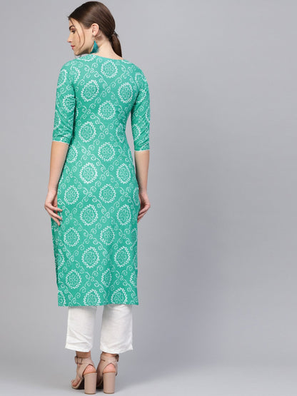Women's Green & White Printed Straight Kurta