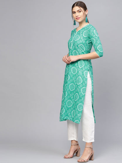 Women's Green & White Printed Straight Kurta