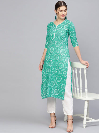 Women's Green & White Printed Straight Kurta