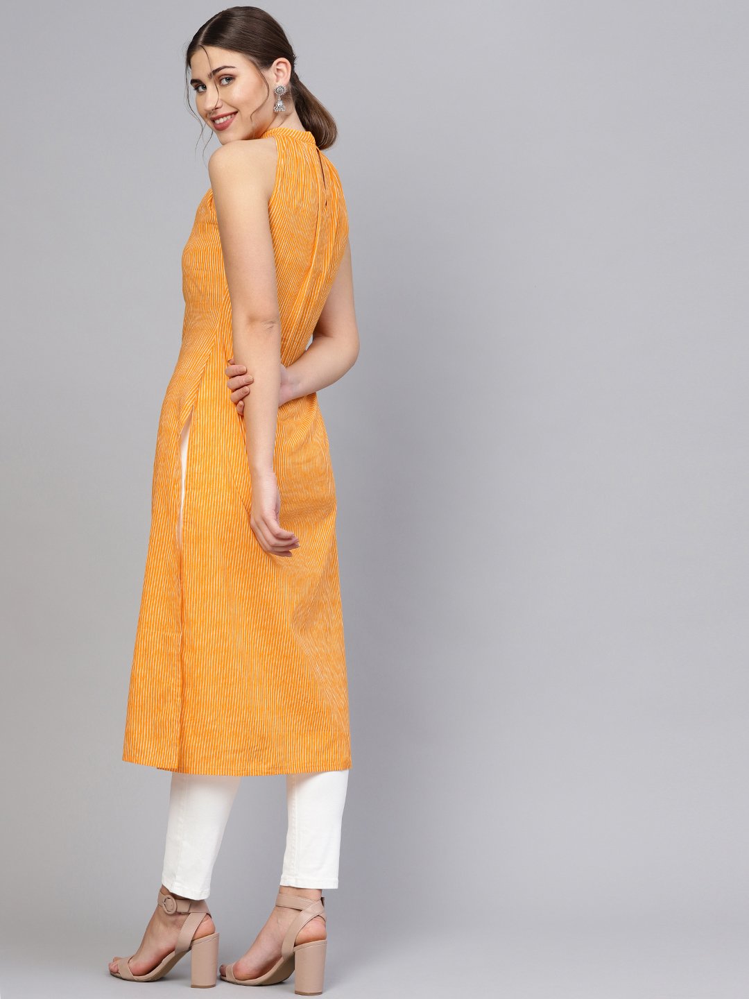 Women's Orange & Off-White Striped Straight Kurta