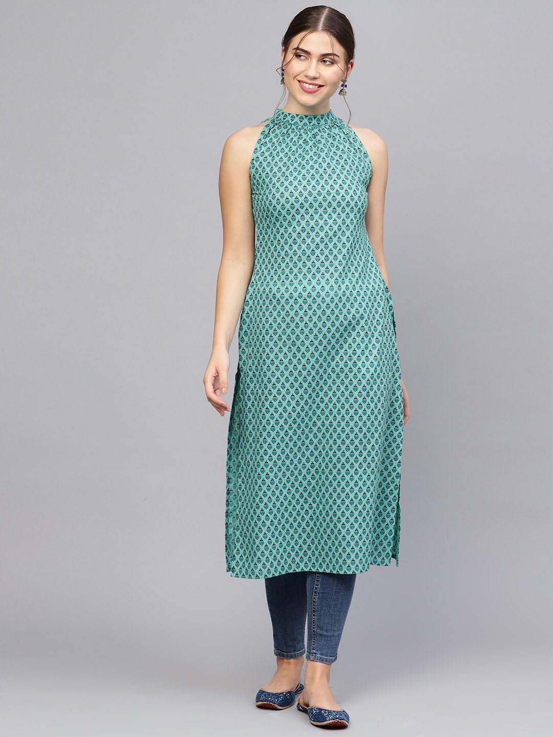 Women's Green & Blue Printed Straight Kurta