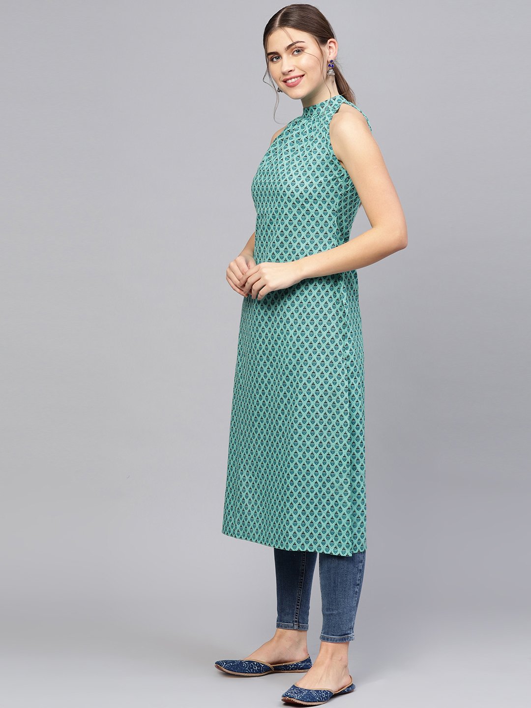 Women's Green & Blue Printed Straight Kurta