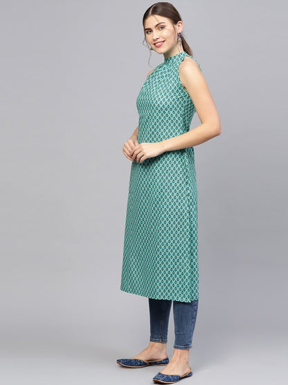 Women's Green & Blue Printed Straight Kurta