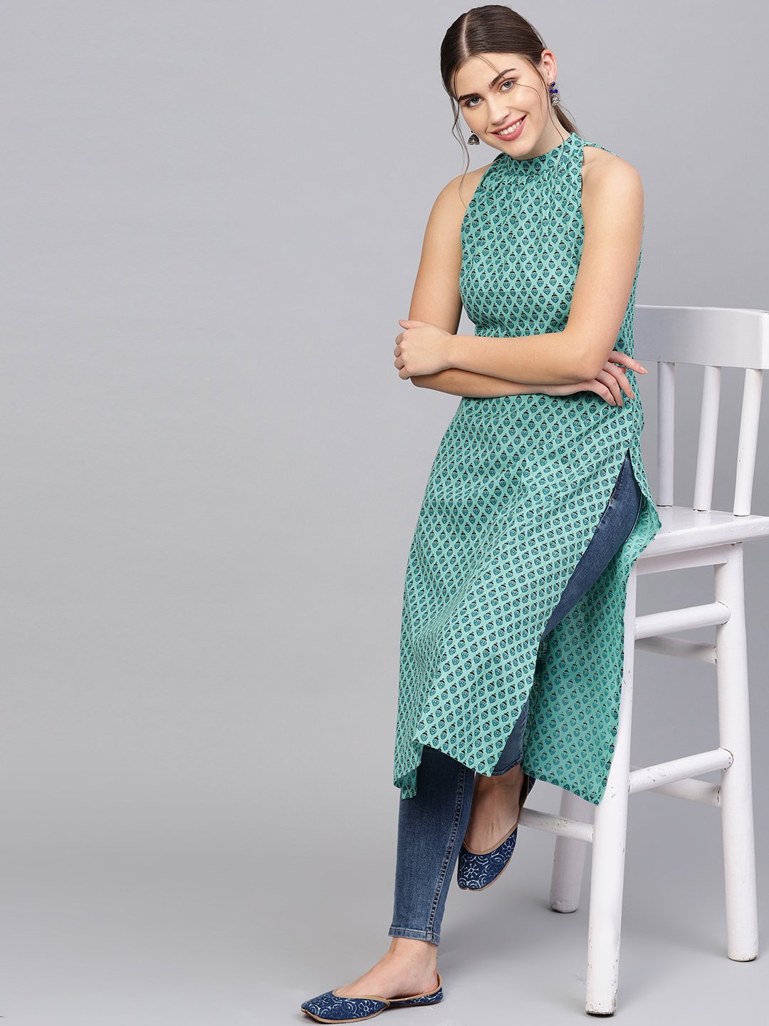 Women's Green & Blue Printed Straight Kurta