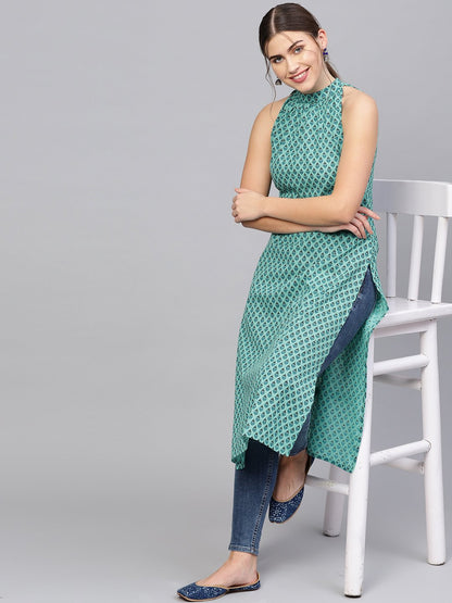 Women's Green & Blue Printed Straight Kurta