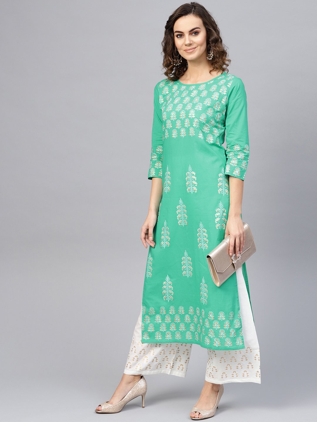 Women's Green & White Printed Kurta With Palazzos