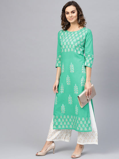 Women's Green & White Printed Kurta With Palazzos