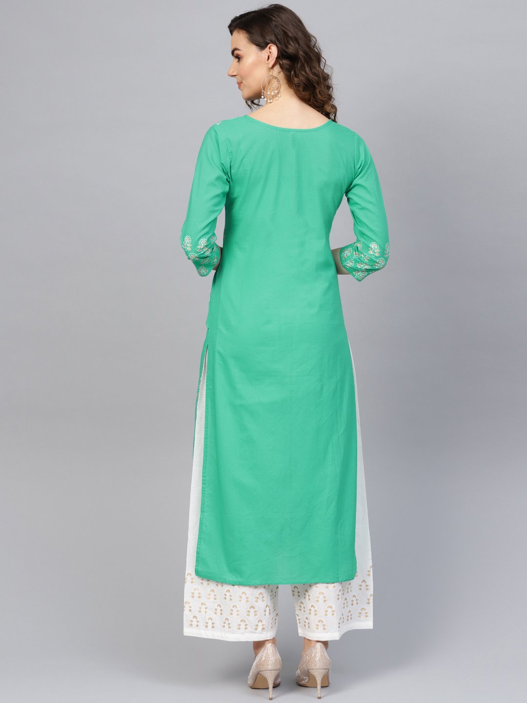 Women's Green & White Printed Kurta With Palazzos