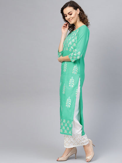 Women's Green & White Printed Kurta With Palazzos