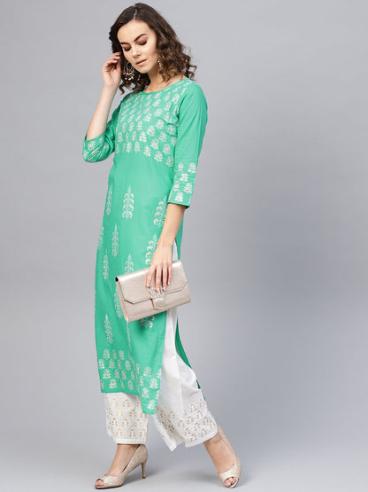 Women's Green & White Printed Kurta With Palazzos