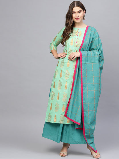 Women's Green & Blue Printed Kurta With Skirt & Dupatta