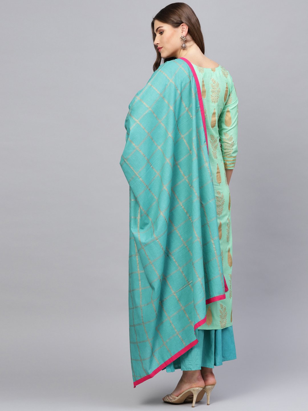 Women's Green & Blue Printed Kurta With Skirt & Dupatta
