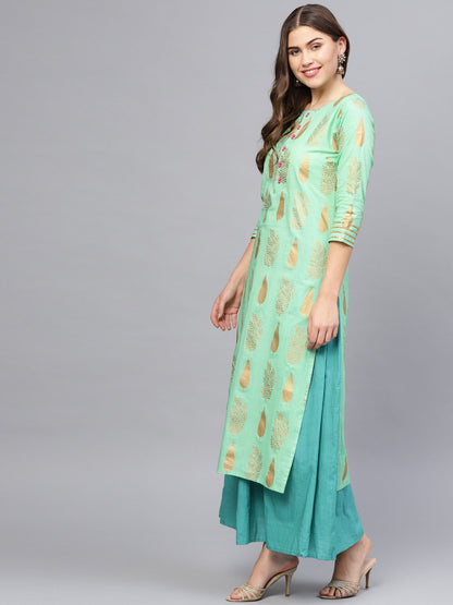 Women's Green & Blue Printed Kurta With Skirt & Dupatta