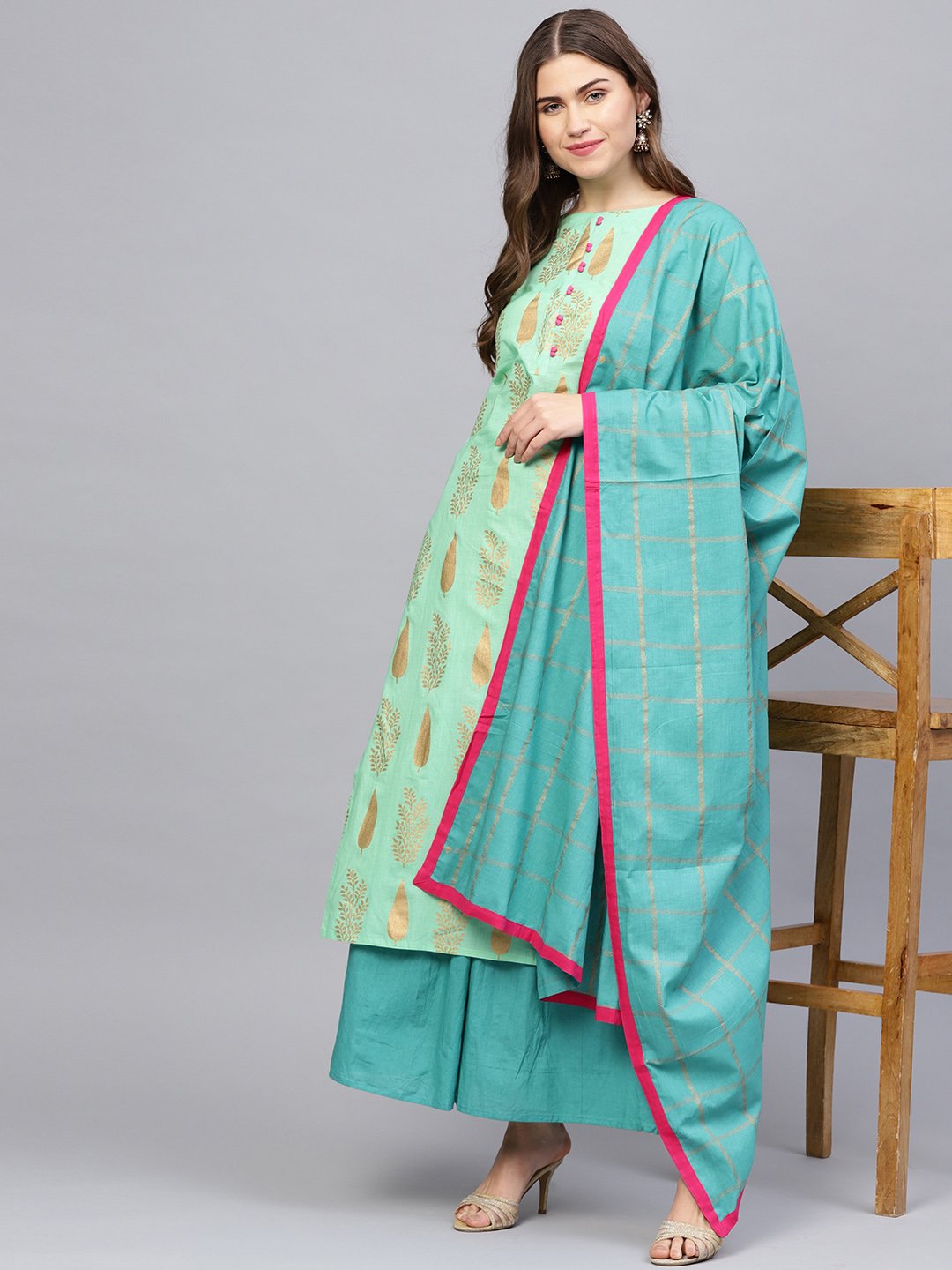 Women's Green & Blue Printed Kurta With Skirt & Dupatta