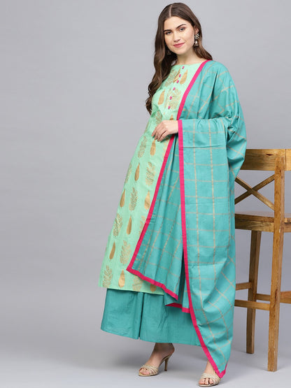 Women's Green & Blue Printed Kurta With Skirt & Dupatta