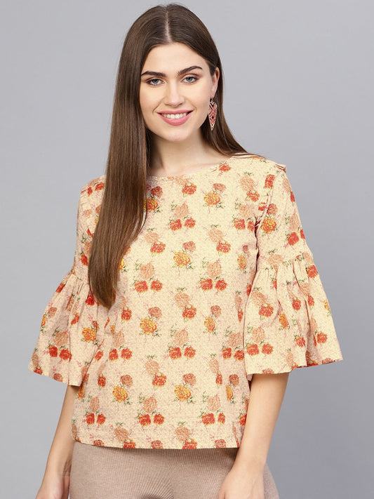 Women's Cream-Coloured & Orange Printed Top
