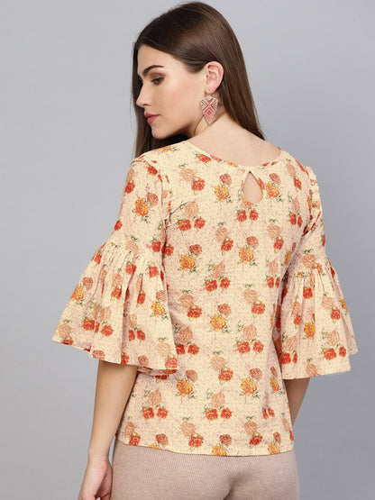Women's Cream-Coloured & Orange Printed Top