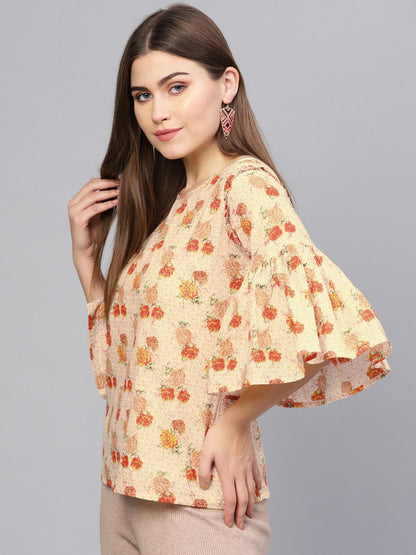 Women's Cream-Coloured & Orange Printed Top