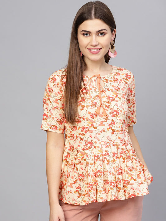Women's Cream-Coloured & Pink Printed Peplum Top