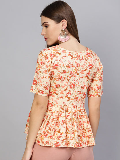 Women's Cream-Coloured & Pink Printed Peplum Top