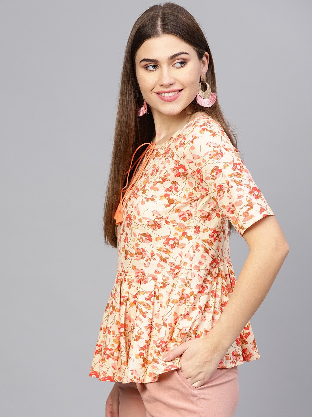 Women's Cream-Coloured & Pink Printed Peplum Top