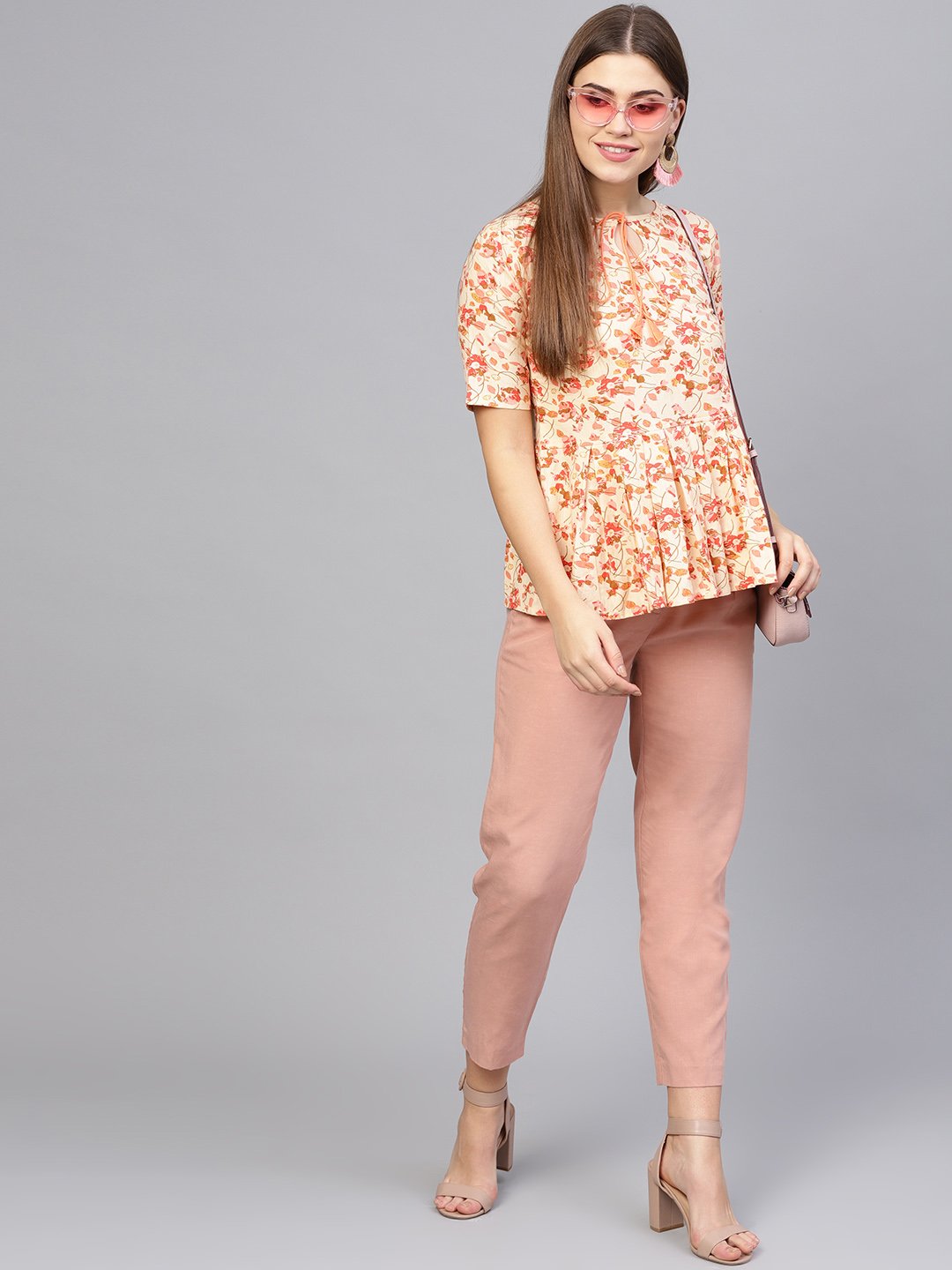 Women's Cream-Coloured & Pink Printed Peplum Top