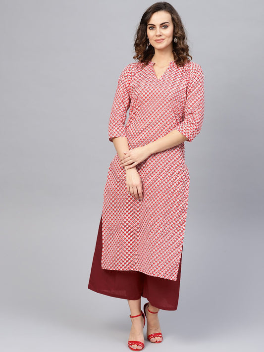 Women's Red & Maroon Printed Kurta With Palazzos