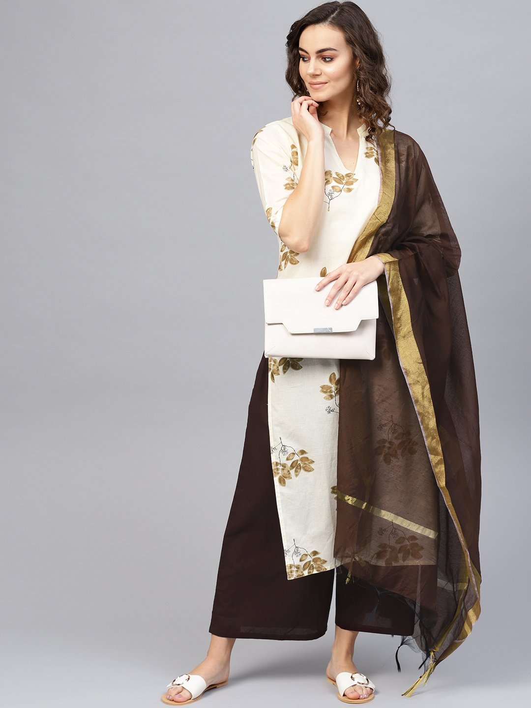 Women's Cream-Coloured & Coffee Brown Printed Kurta With Palazzos & Dupatta