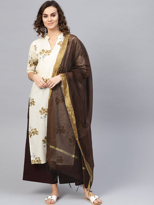 Women's Cream-Coloured & Coffee Brown Printed Kurta With Palazzos & Dupatta