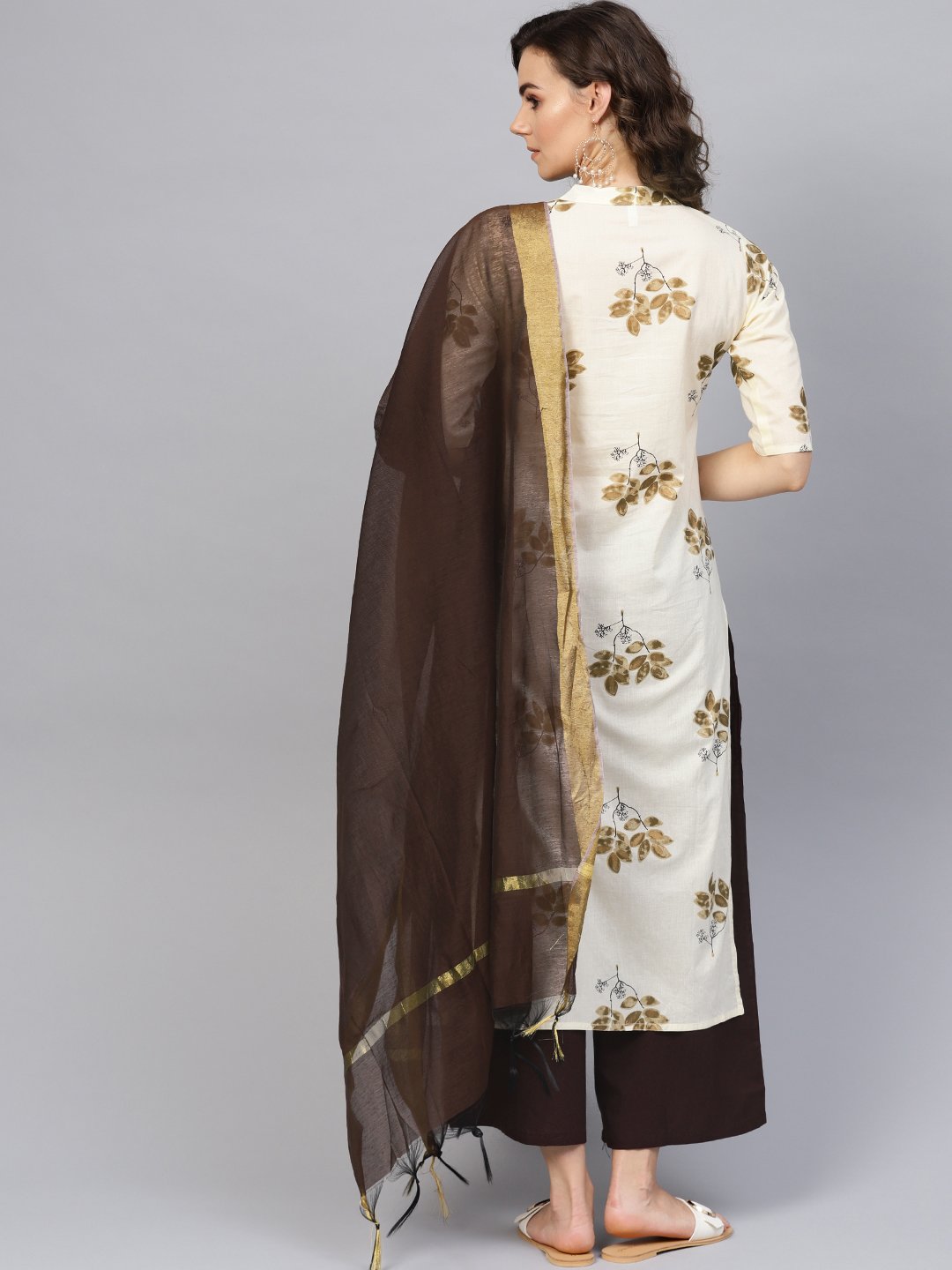 Women's Cream-Coloured & Coffee Brown Printed Kurta With Palazzos & Dupatta