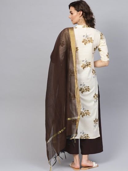 Women's Cream-Coloured & Coffee Brown Printed Kurta With Palazzos & Dupatta