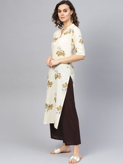 Women's Cream-Coloured & Coffee Brown Printed Kurta With Palazzos & Dupatta