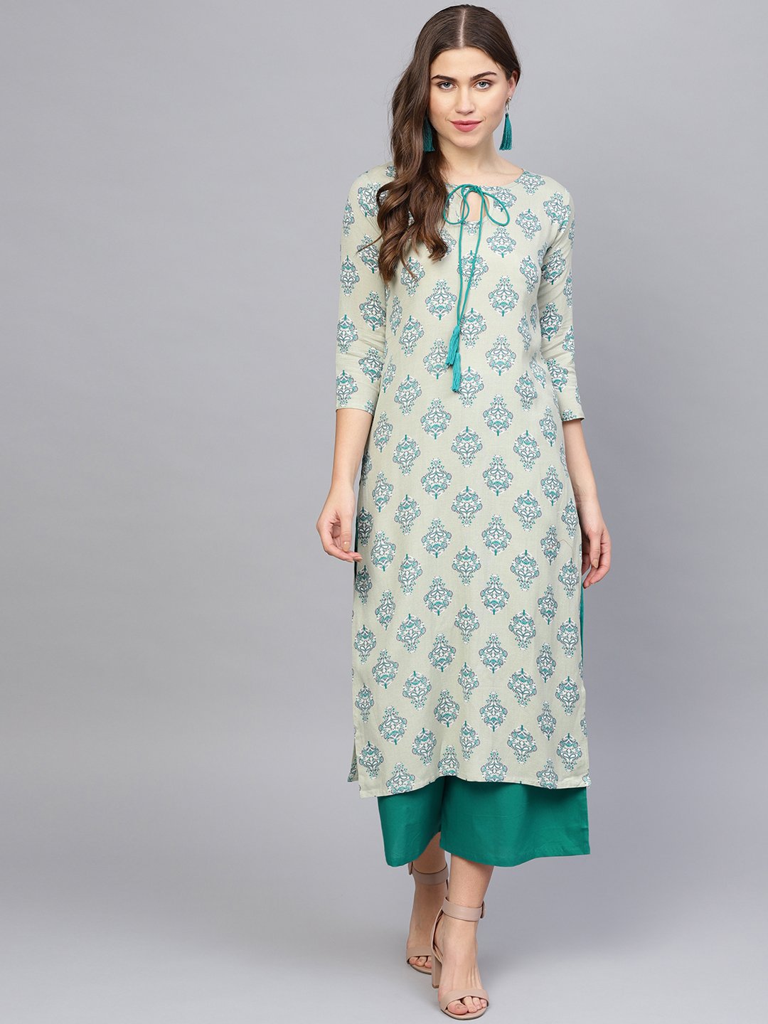 Women's Green & Grey Printed Kurta With Palazzos