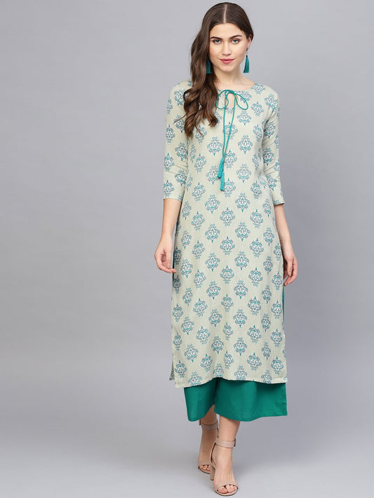 Women's Green & Grey Printed Kurta With Palazzos