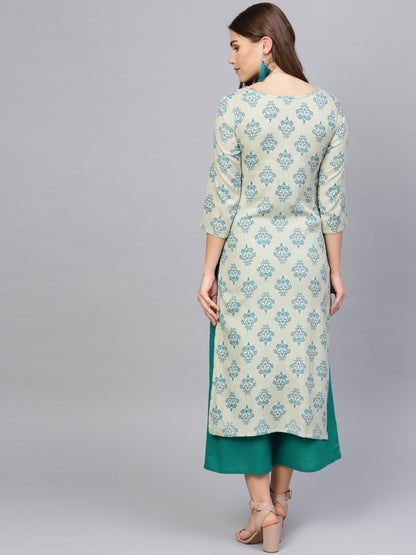 Women's Green & Grey Printed Kurta With Palazzos