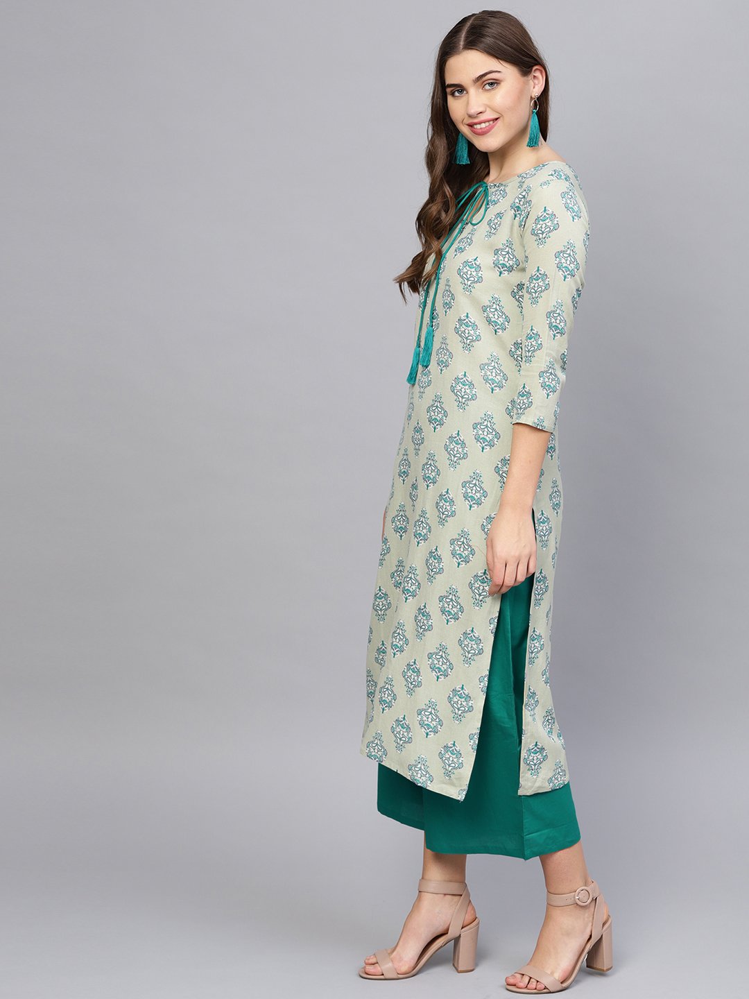 Women's Green & Grey Printed Kurta With Palazzos
