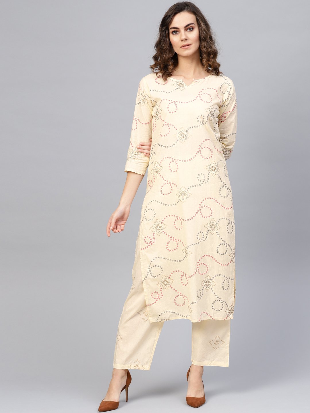 Women's Cream-Coloured & Red Printed Kurta With Trousers