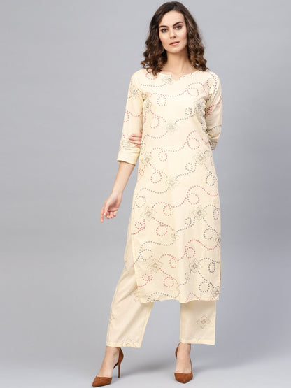 Women's Cream-Coloured & Red Printed Kurta With Trousers