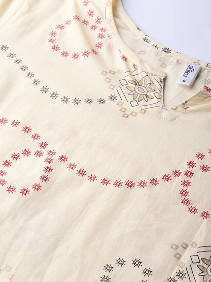 Women's Cream-Coloured & Red Printed Kurta With Trousers