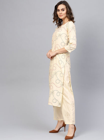 Women's Cream-Coloured & Red Printed Kurta With Trousers