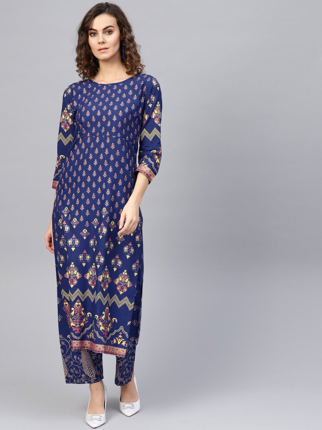 Women's Blue & Golden Printed Kurta With Trousers