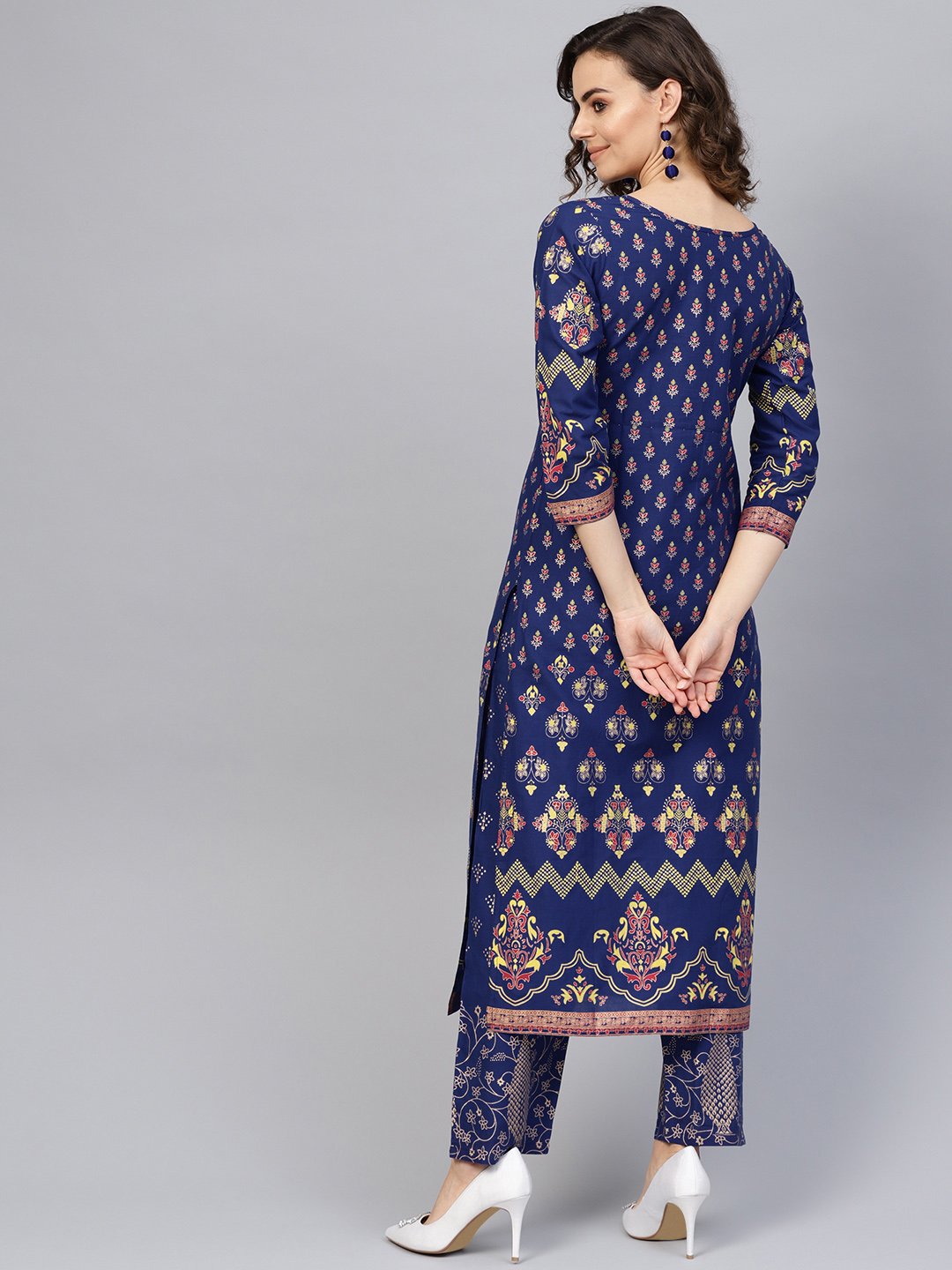 Women's Blue & Golden Printed Kurta With Trousers