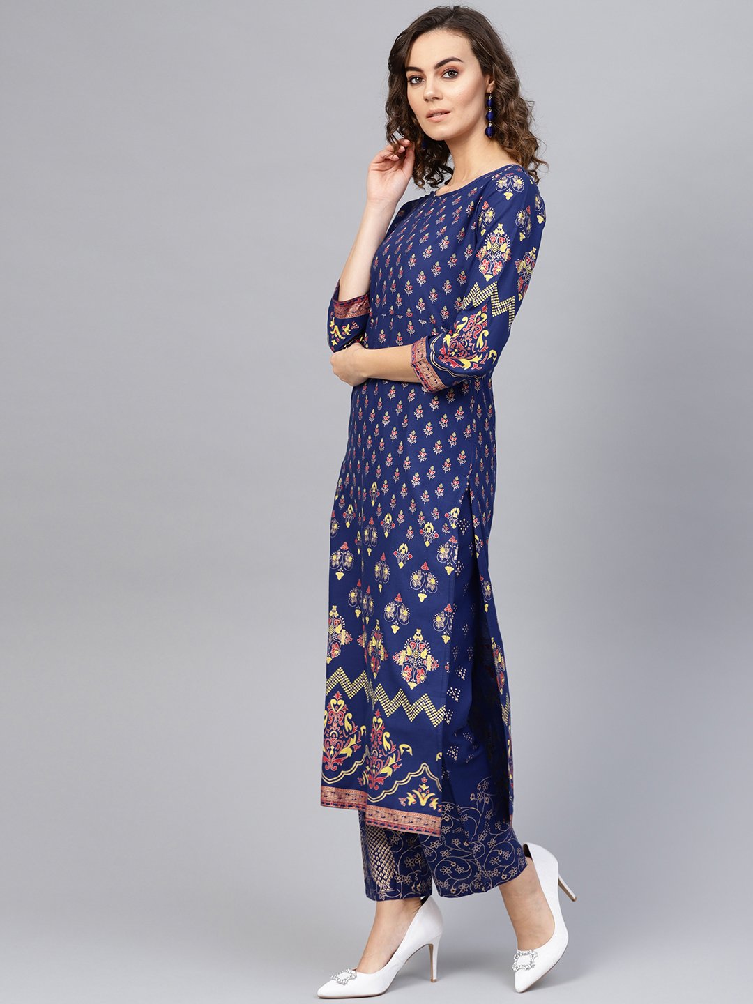 Women's Blue & Golden Printed Kurta With Trousers